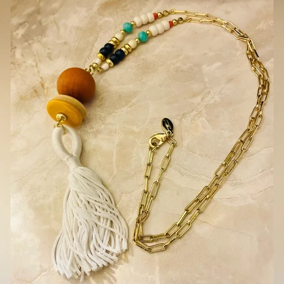 Ann Taylor Factory wood pendant with long tassel on a beaded paper clip chain. - Picture 5 of 6